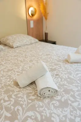 a roll of toilet paper sitting on top of a bed at Ambiance cosy a la Niçoise in Nice