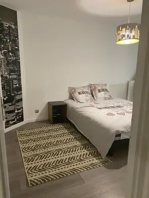 a bedroom with a bed and a rug at 3 pièces calme 5 mn Port in Nice