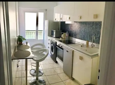 a kitchen with a counter and a sink and a dishwasher at 3 pièces calme 5 mn Port in Nice