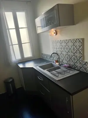 a kitchen with a sink and a counter top at Charmant appartement avec terrasse en plein cœur de Nice à deux pas de la mer ! in Nice