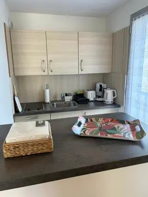 a kitchen with a counter with a tray on it at Appartement cosy à 200 m de la mer in Cagnes-sur-Mer