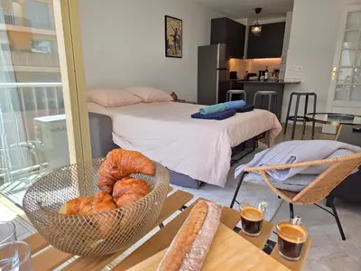 a living room with a table with bread on it at 