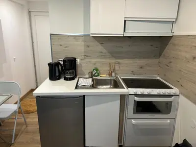 a small kitchen with a sink and a stove at Studio Masséna Nice in Nice