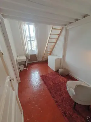 an attic room with a staircase and a red carpet at Superbe appartement niçois in Nice