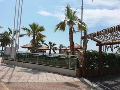 a resort with palm trees on the beach at Studio calme proximité plage in Saint-Laurent-du-Var