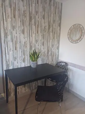 a black table with a potted plant and two chairs at Studio calme proximité plage in Saint-Laurent-du-Var