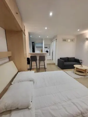 a bedroom with a large white bed and a living room at Studio haut de gamme in Nice