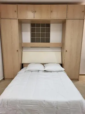 a large white bed in a room with wooden cabinets at Studio haut de gamme in Nice