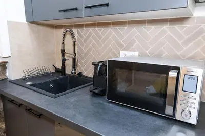 a microwave on a kitchen counter next to a sink at Cozy studio in Nice Désambrois in Nice