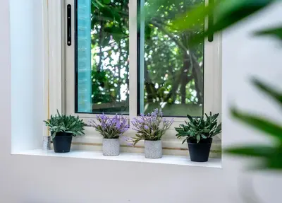 a row of plants sitting on a window sill at Duplex Saveria - Terrace - Netflix - Beach in Nice