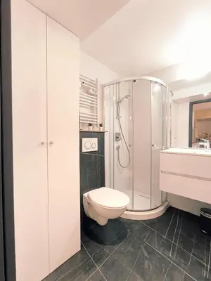 a white bathroom with a toilet and a shower at Seytour Central Place in Nice