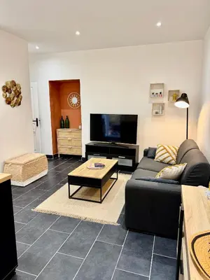 a living room with a black couch and a tv at Joli 2 pièces avec terrasse en centre ville in Nice