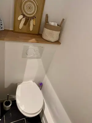 a bathroom with a white toilet and a wooden shelf at Joli 2 pièces avec terrasse en centre ville in Nice