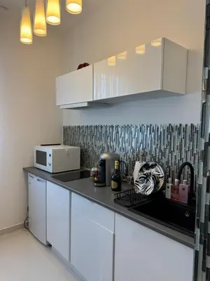 a kitchen with white cabinets and a black counter top at Maison Ariana in Nice