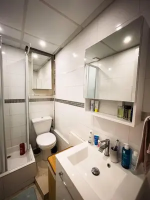 a bathroom with a sink and a toilet and a mirror at Typical Nice neighborhood 15 min from beach in Nice