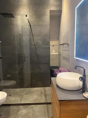 a bathroom with a sink and a glass shower at Chambre Vue Jardin Alsace Lorraine Victor Hugo in Nice
