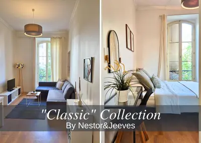 two pictures of a living room with a couch and a bed at Nestor&Jeeves - JEAN MEDECIN - Central - Modern in Nice