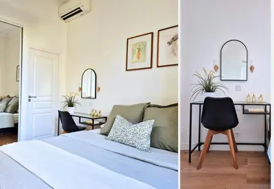two images of a bedroom with a bed and a desk at Nestor&Jeeves - JEAN MEDECIN - Central - Modern in Nice