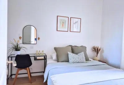 a bedroom with a bed and a desk and a mirror at Nestor&Jeeves - JEAN MEDECIN - Central - Modern in Nice