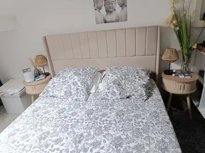 a bedroom with a bed and two tables with lamps at Maison hauteur Nice in Nice