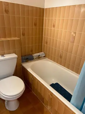 a bathroom with a toilet and a bath tub at Deux pièces au centre-ville proche des plages et centres commerciaux in Saint-Laurent-du-Var
