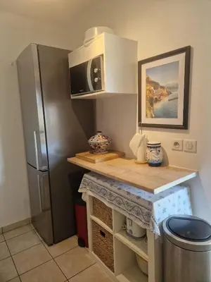 a kitchen with a counter and a refrigerator at Appartement 2 P calme in Cagnes-sur-Mer