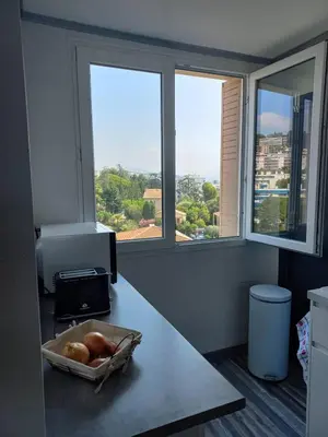 a kitchen with two windows and a counter with a bowl of onions at Nice Signature Caucade in Nice