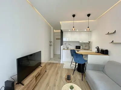 a living room with a table and a couch and a kitchen at Nice Signature Andrioli in Nice