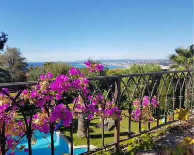 a bunch of purple flowers on a fence at Villa, Villefranche-sur-mer, Pool, Tennis Court, in Villefranche-sur-Mer