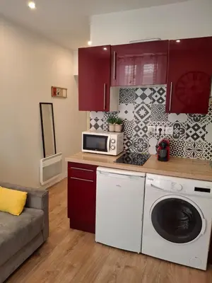 a kitchen with a washing machine and a microwave at Studio 1 pièce in Nice