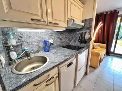 a kitchen with a sink and a counter top at Rez de jardin privatif à 150m de la mer in Villefranche-sur-Mer