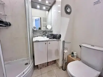 a bathroom with a toilet and a sink and a shower at Rez de jardin privatif à 150m de la mer in Villefranche-sur-Mer