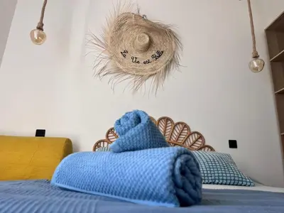 a bedroom with a bed with blue pillows and a hat at Ref 118 Oliviera 2 Beds Apartment in Riquier in Nice