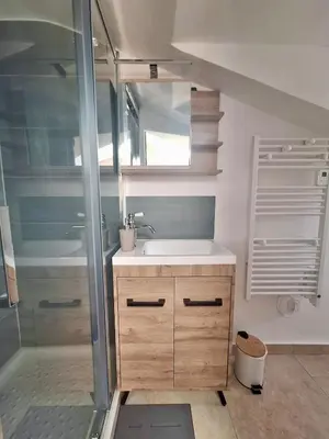 a bathroom with a sink and a shower at Lofty Hideout with 2 bedrooms in Nice