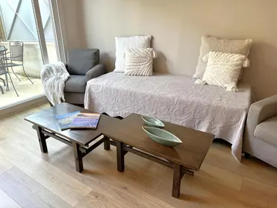 a living room with a bed and a coffee table at Cocon Provençale à 5 min de la mer in Nice