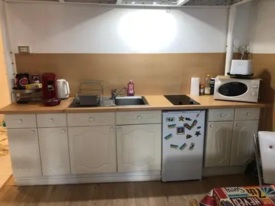 a kitchen with a white refrigerator and a microwave at Agréable studio cœur de Nice in Nice