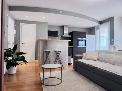 a living room with a couch and a kitchen at LE CARRAS - Proche de aéroport , Plage à pied - Promenade des anglais in Nice