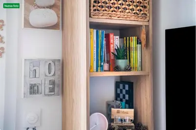 a book shelf filled with books and a plant at The cozy corner of Amelie in Nice