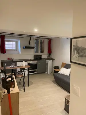 a kitchen and living room with a couch and a table at Studio Vieux Nice in Nice