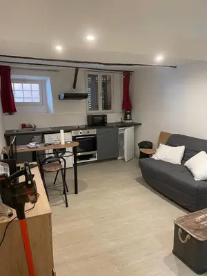 a living room with a couch and a kitchen at Studio Vieux Nice in Nice