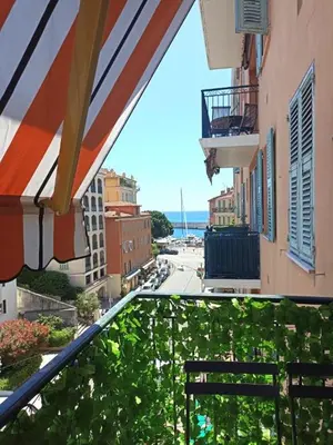 a living room with a kitchen and a tv in it at Port de Nice-charmant appartement bucolique ! vue port in Nice