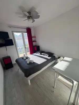 a bedroom with a bed and a ceiling fan at Studio à 5min de la plage in Nice