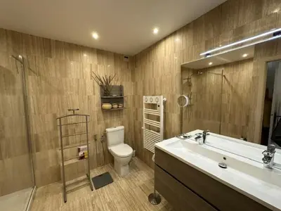 a bathroom with a toilet and a sink and a shower at Spacieux appartement, Jardin, vue mer, calme in Nice