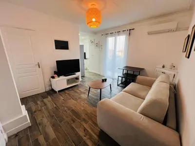 a living room with a couch and a television at Appartement F2 Nice Ouest in Nice