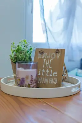 a tray with a candle and a plant on a table at Le Cocon Niçois in Nice