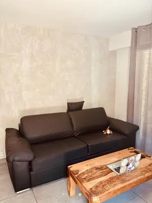 a living room with a black couch and a wooden coffee table at Magnifique studio avec terrasse et jardin in Nice
