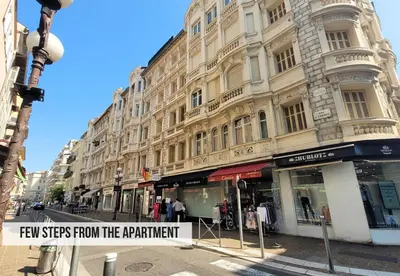 a building with a sign that reads few steps from the apartment at Nestor&Jeeves - GOLDEN SQUARE - Near Promenade des Anglais in Nice
