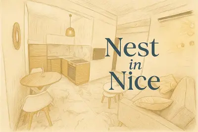a drawing of a room with a desk and a table at Nest In Nice in Nice