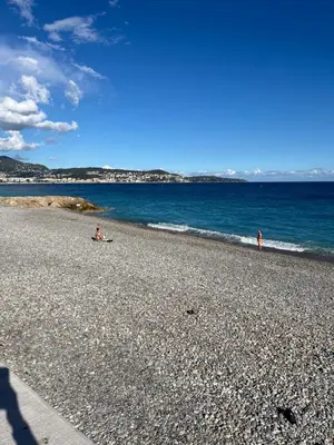 two people sitting on a rocky beach next to the ocean at Studio Nice , proche mer et aéroport in Nice