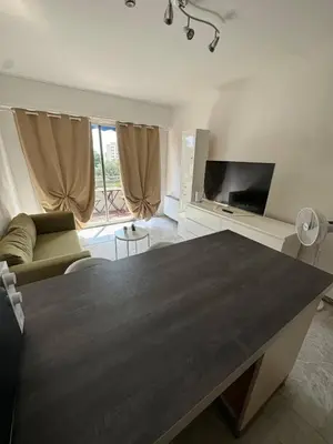 a living room with a table and a couch and a television at Apartment in Cros de Cagnes in Cagnes-sur-Mer